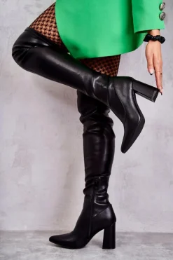 Damskie Boto Skórzane Wysokie Kozaki Na Obcasie Czarne Casto