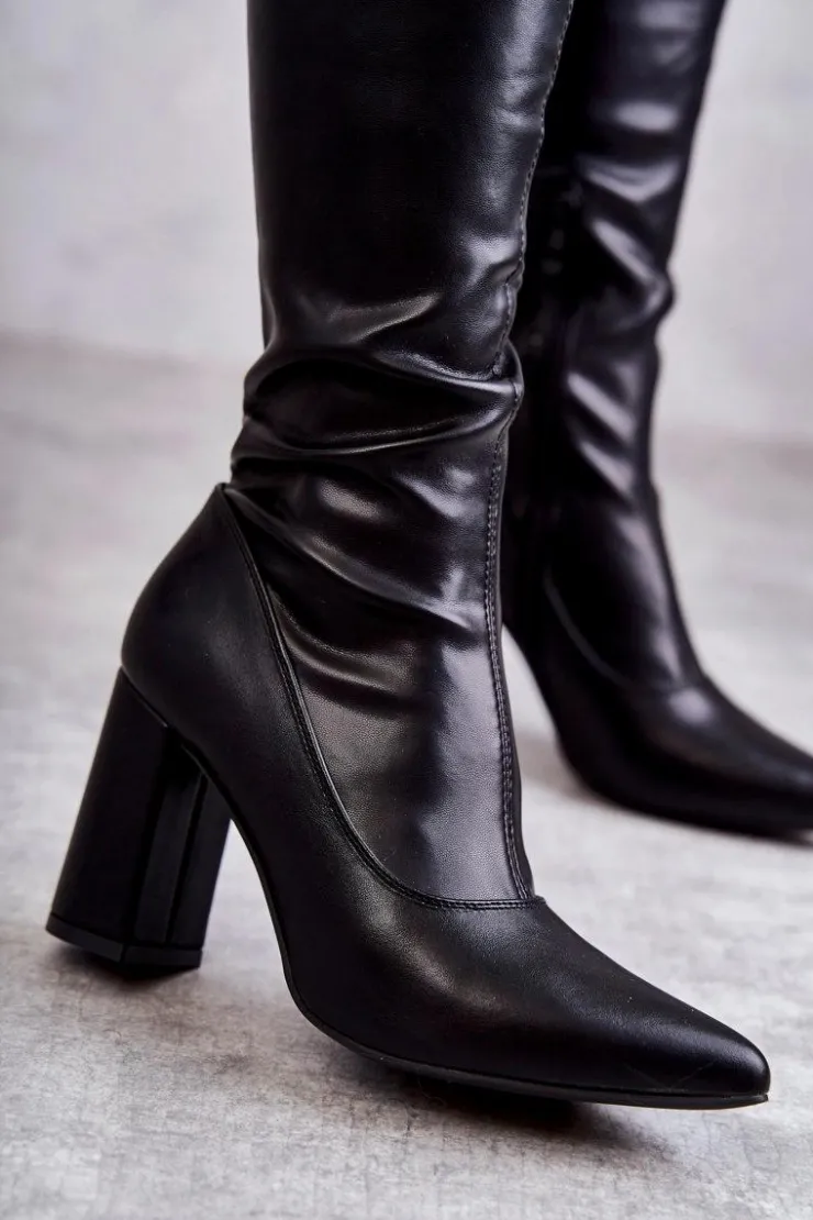 Damskie Boto Skórzane Wysokie Kozaki Na Obcasie Czarne Casto
