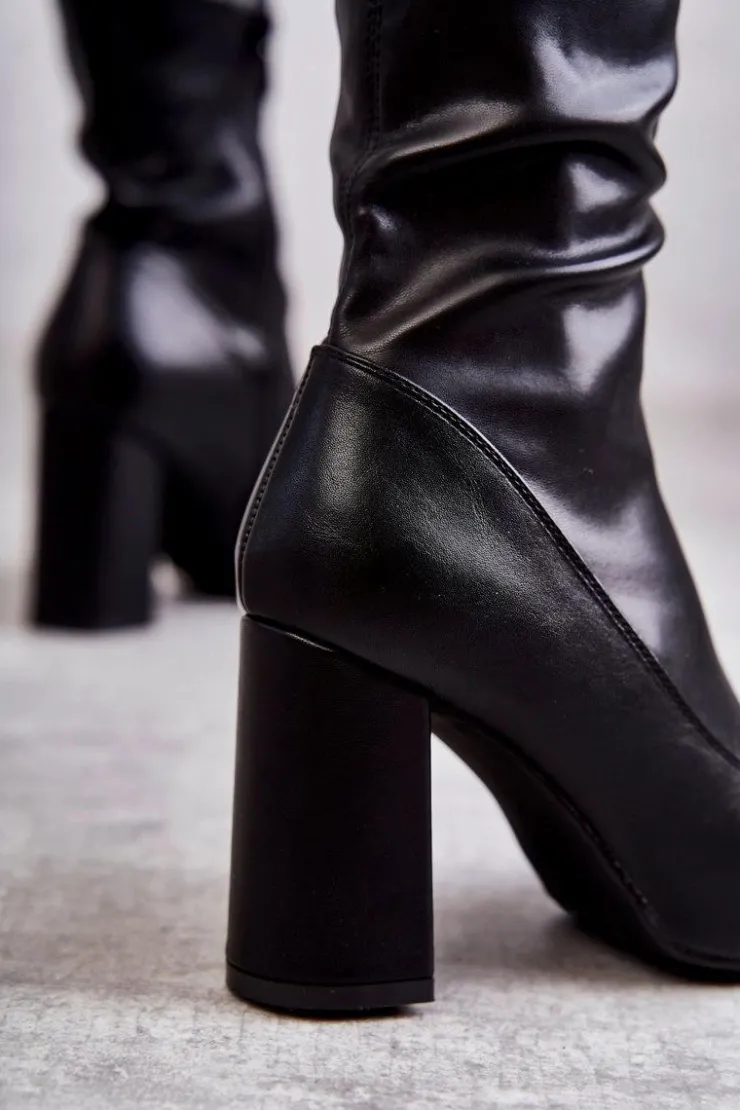 Damskie Boto Skórzane Wysokie Kozaki Na Obcasie Czarne Casto