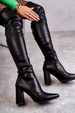 Damskie Boto Skórzane Wysokie Kozaki Na Obcasie Czarne Casto