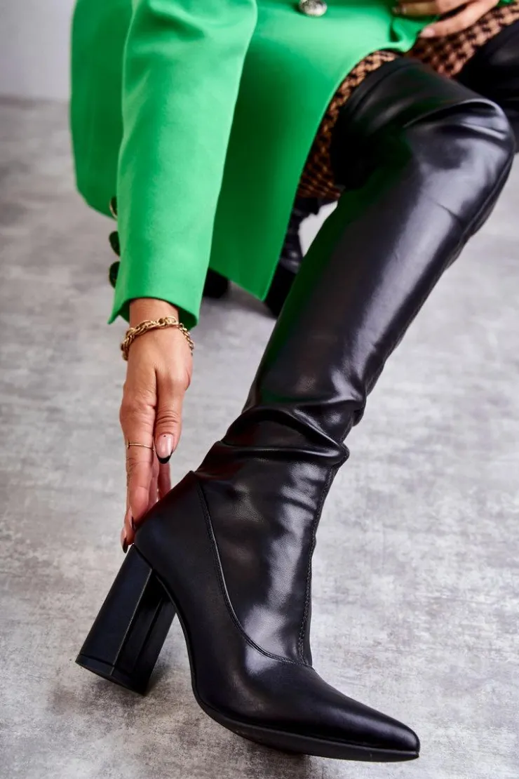 Damskie Boto Skórzane Wysokie Kozaki Na Obcasie Czarne Casto