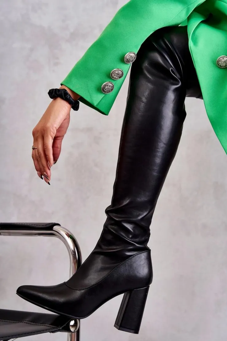 Damskie Boto Skórzane Wysokie Kozaki Na Obcasie Czarne Casto