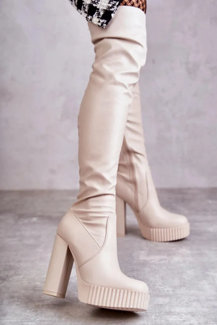 Damskie Boto Skórzane Wysokie Kozaki Na Platformie Beżowe Katrina