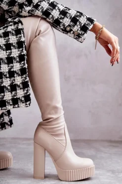 Damskie Boto Skórzane Wysokie Kozaki Na Platformie Beżowe Katrina