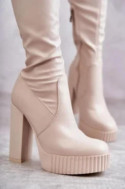 Damskie Boto Skórzane Wysokie Kozaki Na Platformie Beżowe Katrina