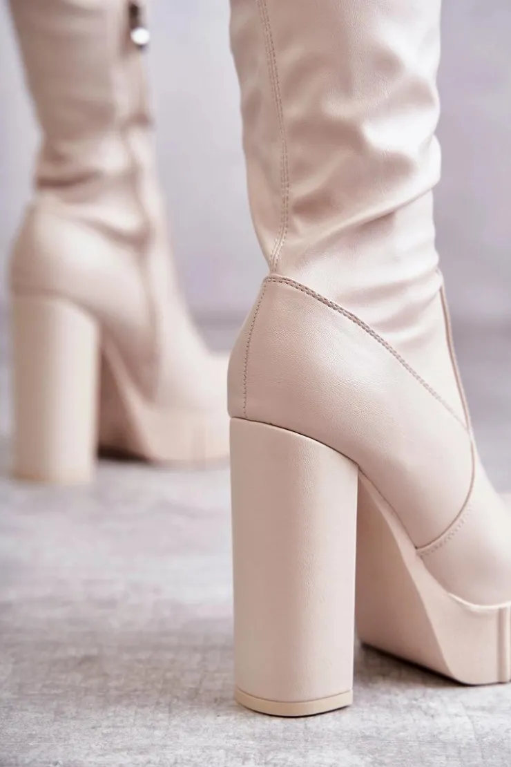 Damskie Boto Skórzane Wysokie Kozaki Na Platformie Beżowe Katrina