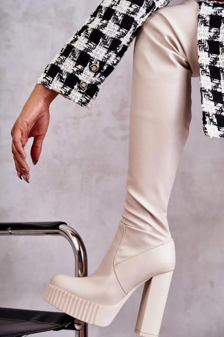 Damskie Boto Skórzane Wysokie Kozaki Na Platformie Beżowe Katrina