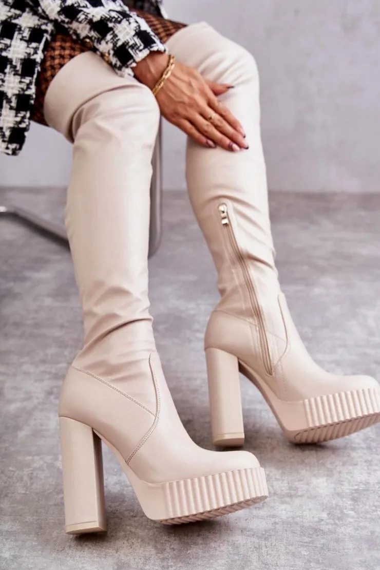 Damskie Boto Skórzane Wysokie Kozaki Na Platformie Beżowe Katrina