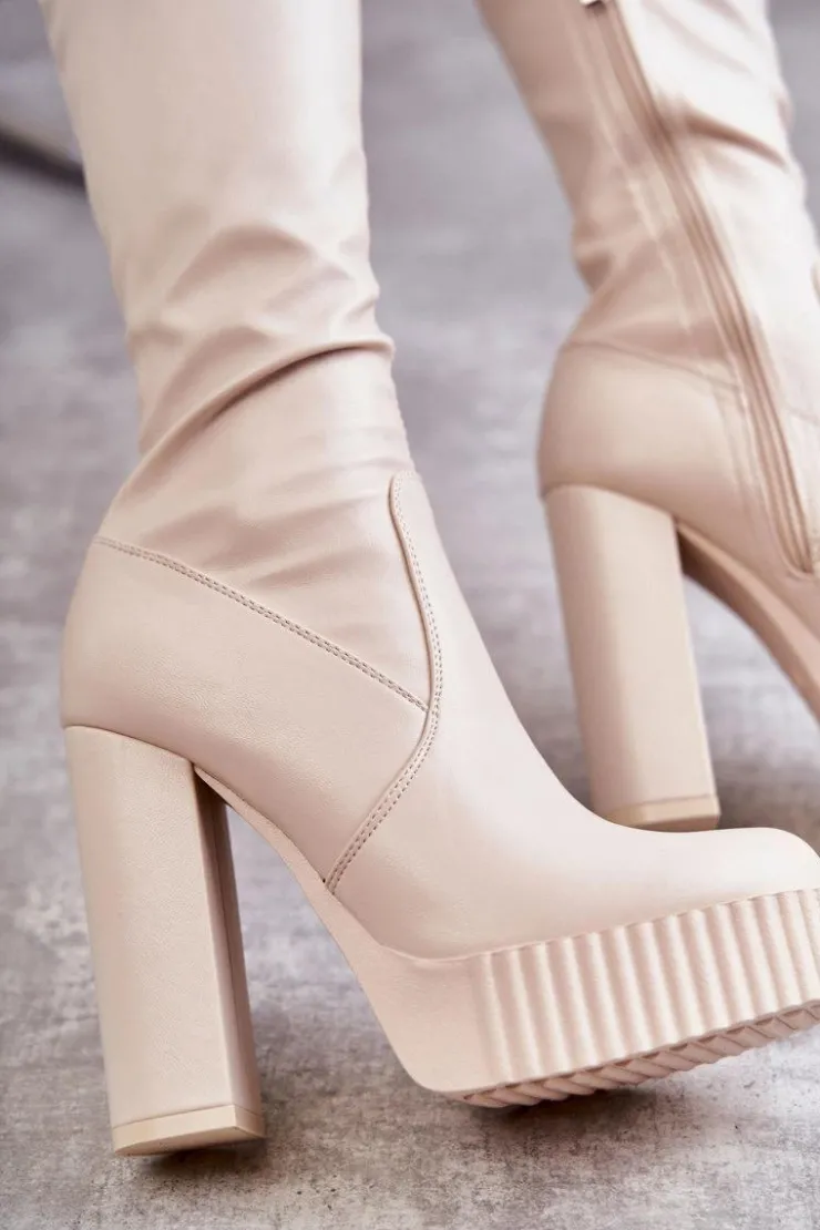 Damskie Boto Skórzane Wysokie Kozaki Na Platformie Beżowe Katrina