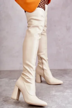 Boto Kozaki Wiosenne|Kozaki Za Kolano*Skórzane Wysokie Kozaki Na Obcasie Beżowe Casto