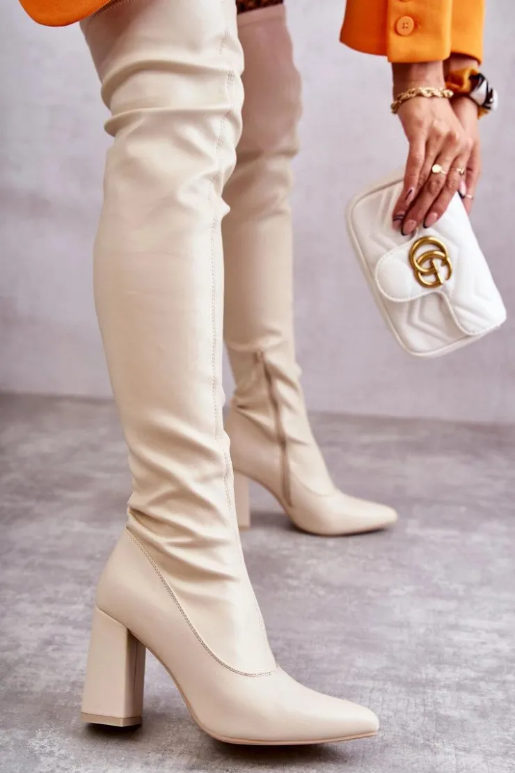 Boto Kozaki Wiosenne|Kozaki Za Kolano*Skórzane Wysokie Kozaki Na Obcasie Beżowe Casto