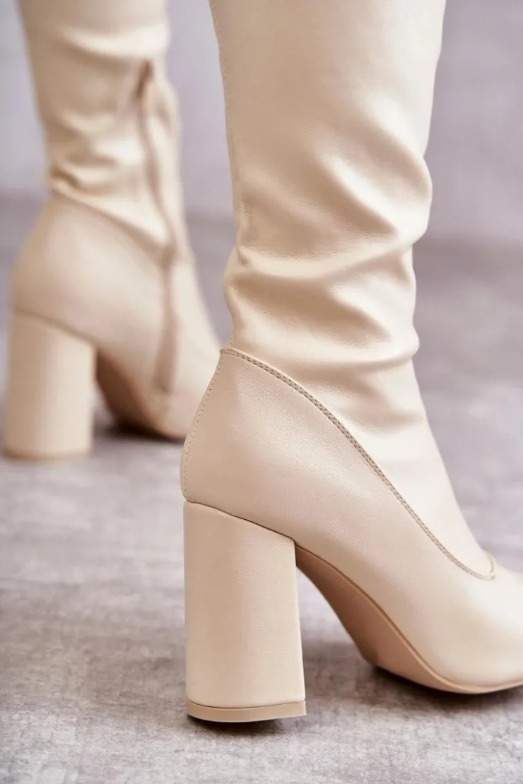 Boto Kozaki Wiosenne|Kozaki Za Kolano*Skórzane Wysokie Kozaki Na Obcasie Beżowe Casto