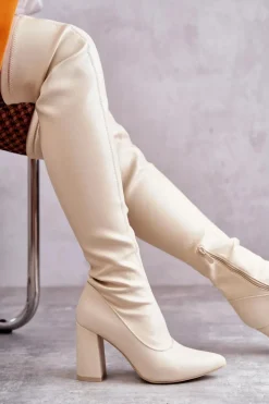 Boto Kozaki Wiosenne|Kozaki Za Kolano*Skórzane Wysokie Kozaki Na Obcasie Beżowe Casto