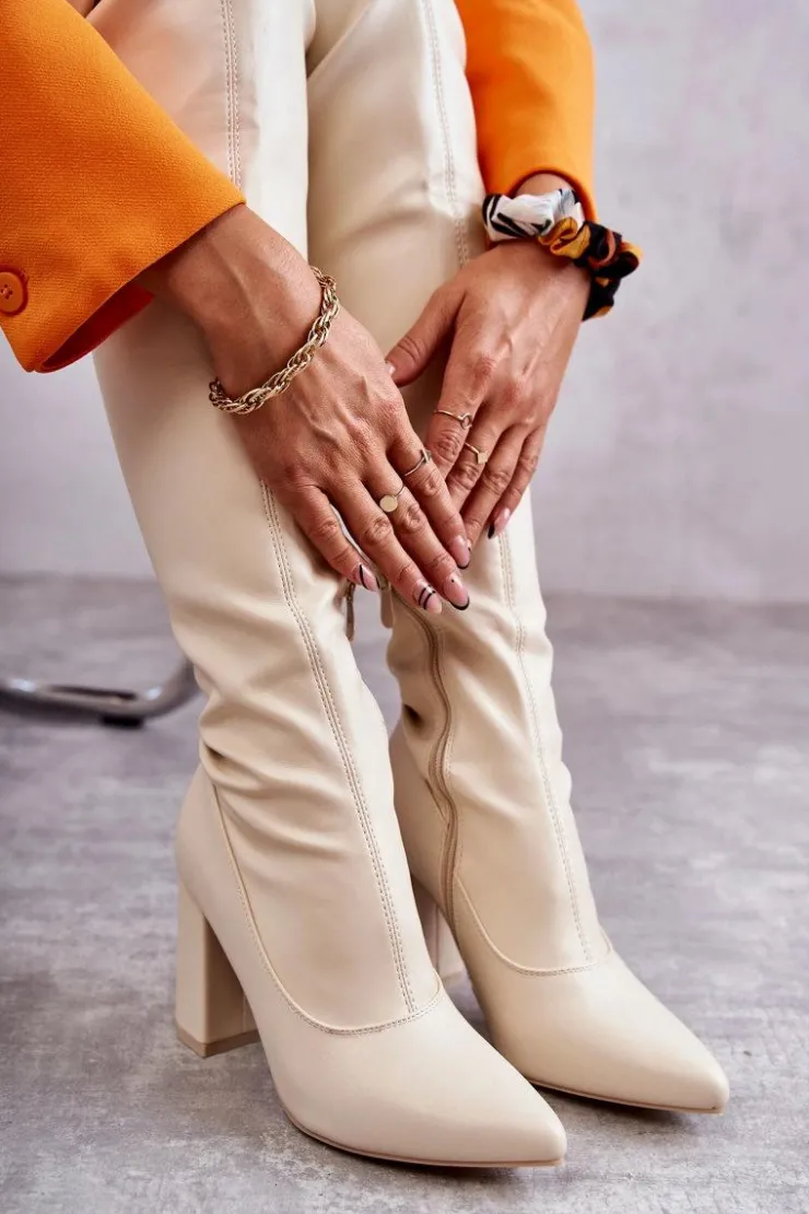 Boto Kozaki Wiosenne|Kozaki Za Kolano*Skórzane Wysokie Kozaki Na Obcasie Beżowe Casto