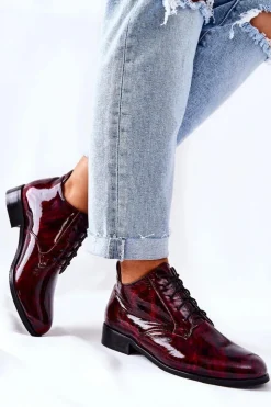 Boto Półbuty Skórzane*Skórzane Wysokie Półbuty Bordowo-Czarne Maniz