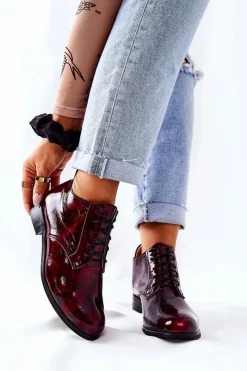 Boto Półbuty Skórzane*Skórzane Wysokie Półbuty Bordowo-Czarne Maniz