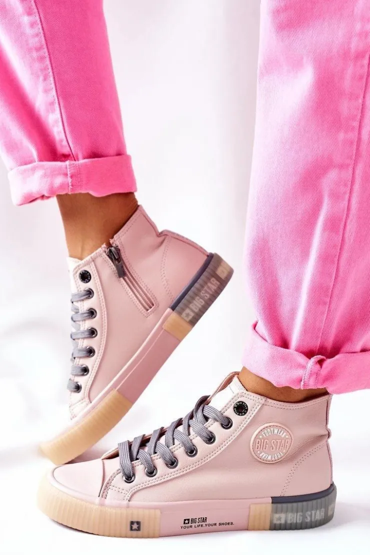 Damskie Big Star Shoes Skórzane Wysokie Trampki Big Star II274138 Różowe