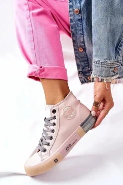 Damskie Big Star Shoes Skórzane Wysokie Trampki Big Star II274138 Różowe