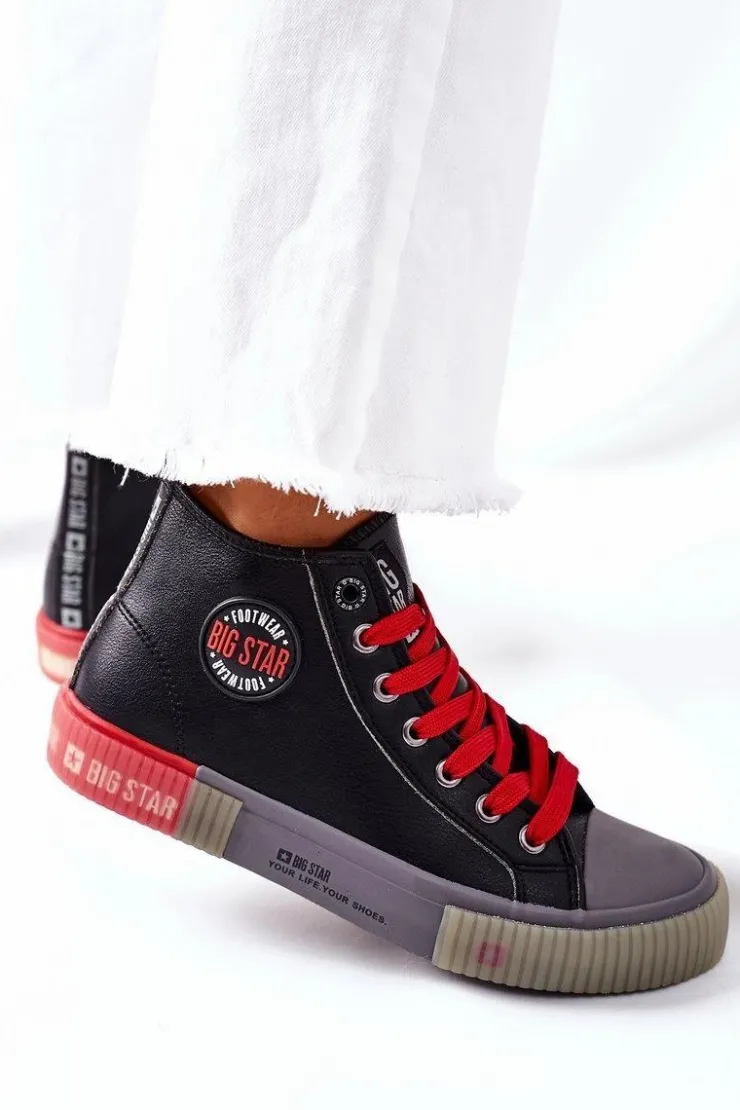 Damskie Big Star Shoes Skórzane Wysokie Trampki Big Star II274139 Czarne