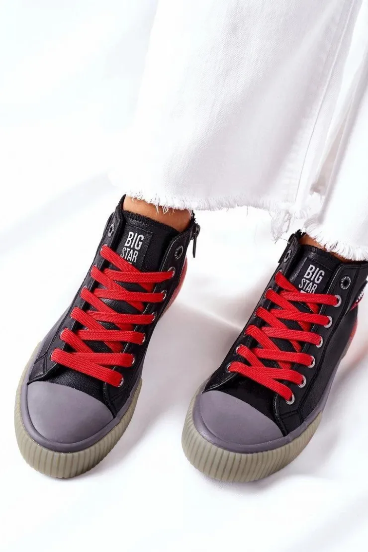 Damskie Big Star Shoes Skórzane Wysokie Trampki Big Star II274139 Czarne