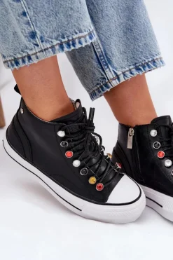 GOE Trampki Damskie Wysokie*Skórzane Wysokie Trampki Damskie RR2N4101 Czarne Czarny