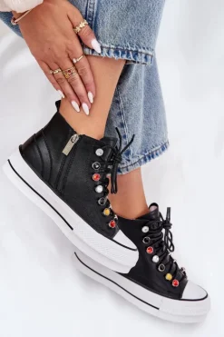 GOE Trampki Damskie Wysokie*Skórzane Wysokie Trampki Damskie RR2N4101 Czarne Czarny