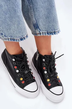 GOE Trampki Damskie Wysokie*Skórzane Wysokie Trampki Damskie RR2N4101 Czarne Czarny