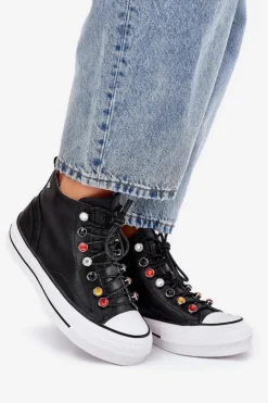 GOE Trampki Damskie Wysokie*Skórzane Wysokie Trampki Damskie RR2N4101 Czarne Czarny