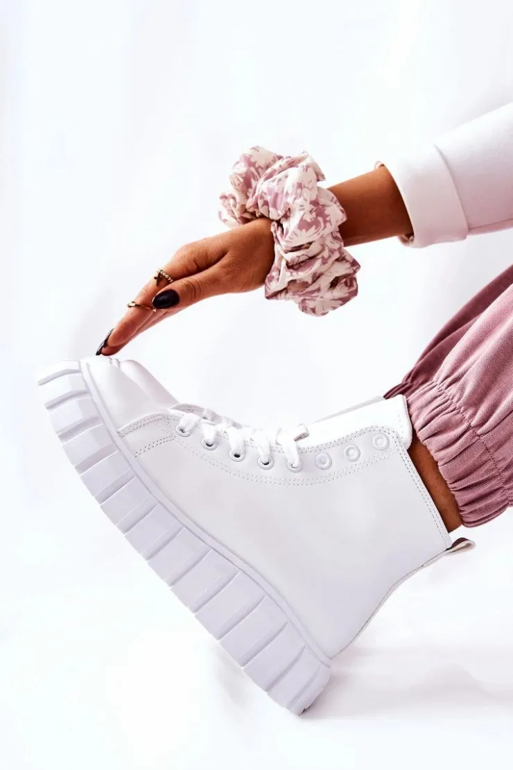 Boto Trampki Damskie Wysokie*Skórzane Wysokie Trampki Na Platformie Białe Meniphise