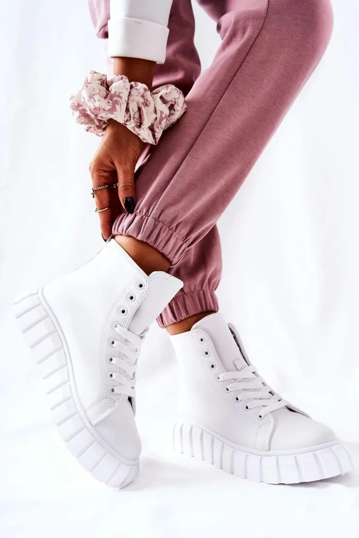 Boto Trampki Damskie Wysokie*Skórzane Wysokie Trampki Na Platformie Białe Meniphise