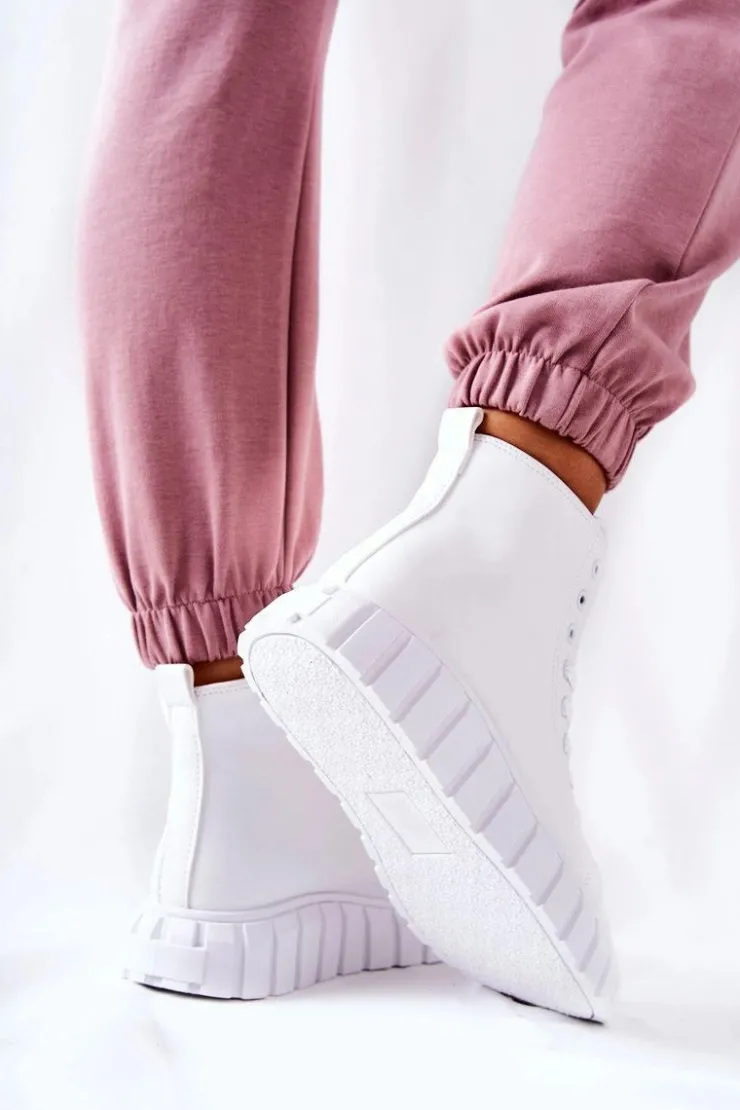 Boto Trampki Damskie Wysokie*Skórzane Wysokie Trampki Na Platformie Białe Meniphise