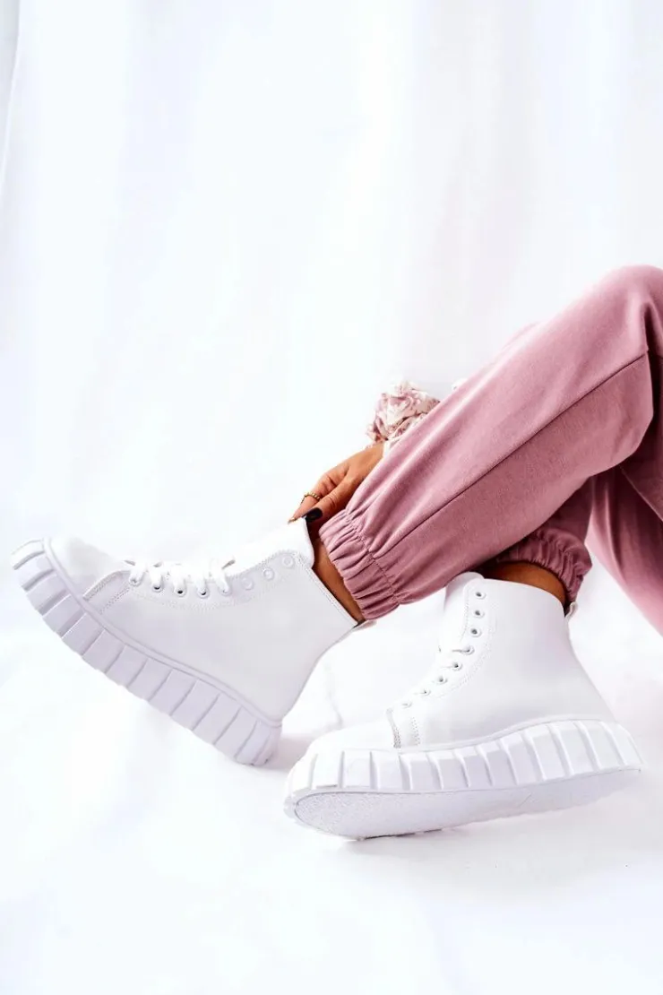 Boto Trampki Damskie Wysokie*Skórzane Wysokie Trampki Na Platformie Białe Meniphise