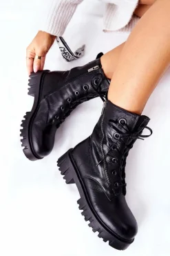 Big Star Shoes Damskie Trapery|Botki Sznurowane*Skórzane Wysokie Workery Big Star II274429 Czarne