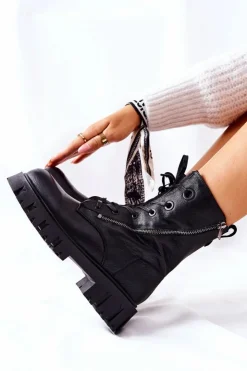 Big Star Shoes Damskie Trapery|Botki Sznurowane*Skórzane Wysokie Workery Big Star II274429 Czarne