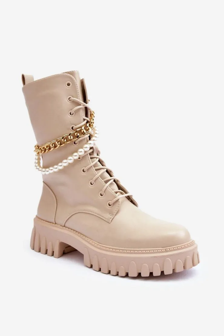 Boto Botki Wiosenne|Botki Sznurowane*Skórzane Wysokie Workery Z Łańcuszkiem Beżowe Nameer