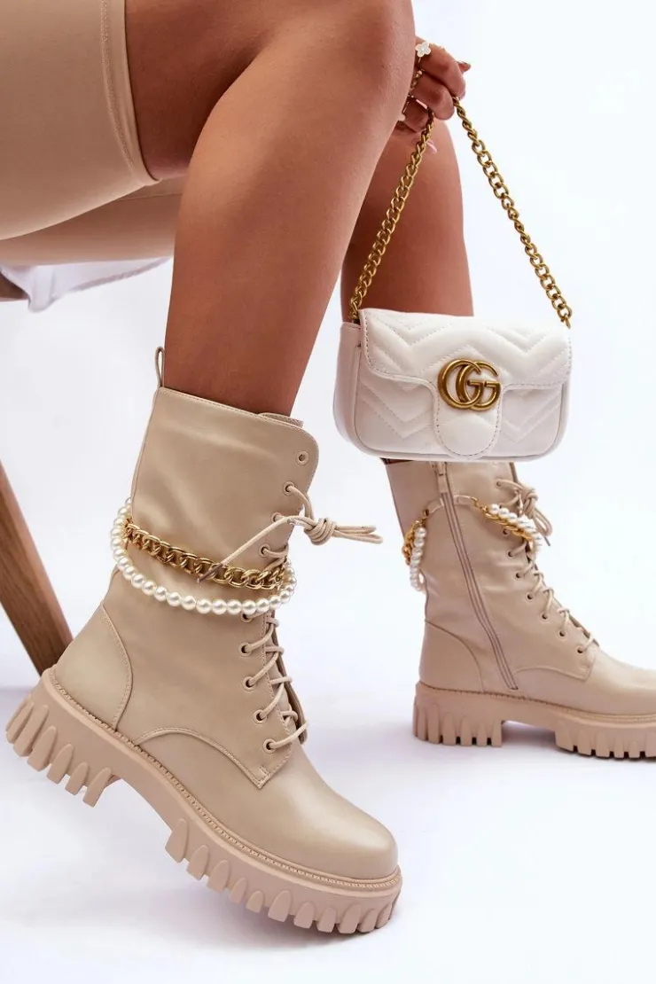 Boto Botki Wiosenne|Botki Sznurowane*Skórzane Wysokie Workery Z Łańcuszkiem Beżowe Nameer