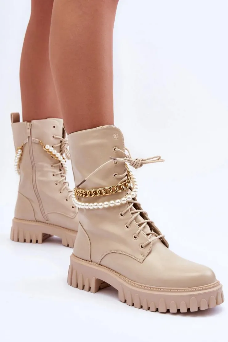 Boto Botki Wiosenne|Botki Sznurowane*Skórzane Wysokie Workery Z Łańcuszkiem Beżowe Nameer