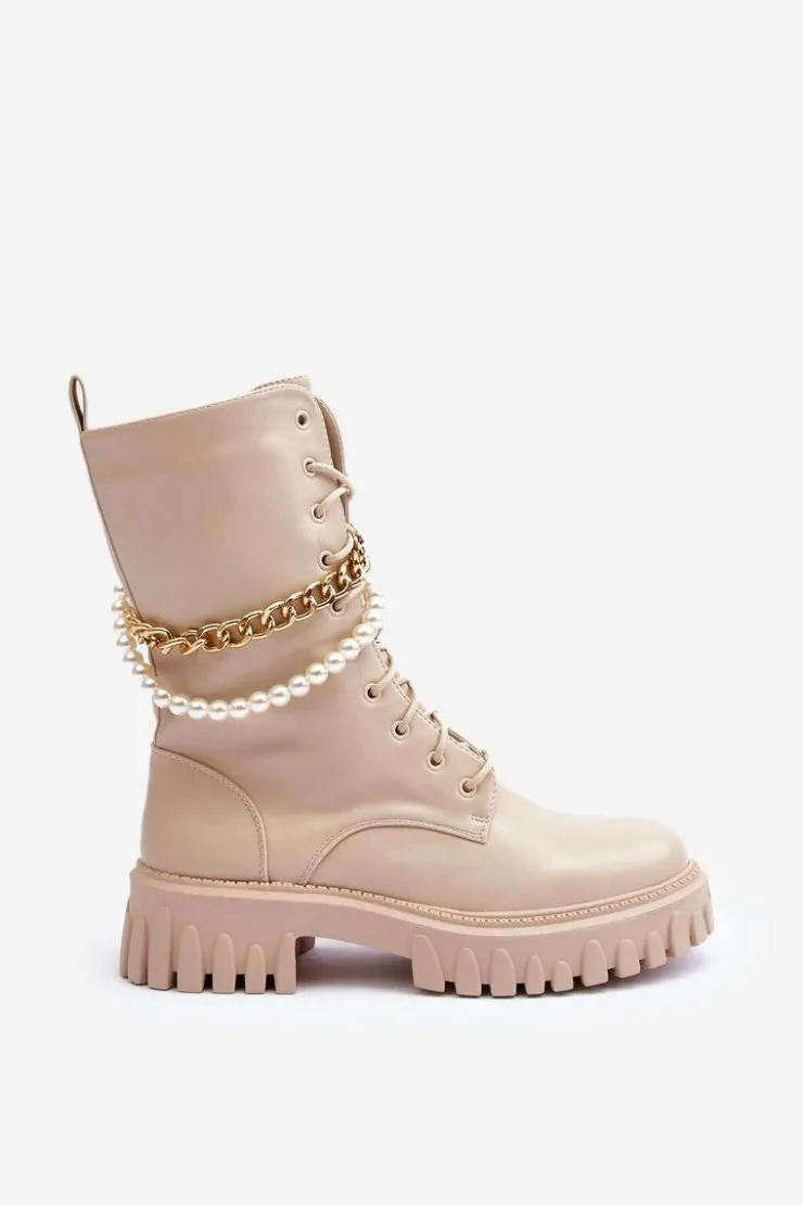 Boto Botki Wiosenne|Botki Sznurowane*Skórzane Wysokie Workery Z Łańcuszkiem Beżowe Nameer
