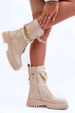 Boto Botki Wiosenne|Botki Sznurowane*Skórzane Wysokie Workery Z Łańcuszkiem Beżowe Nameer