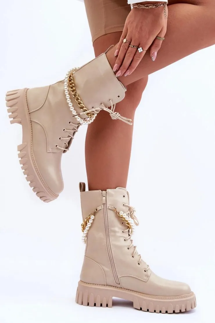 Boto Botki Wiosenne|Botki Sznurowane*Skórzane Wysokie Workery Z Łańcuszkiem Beżowe Nameer