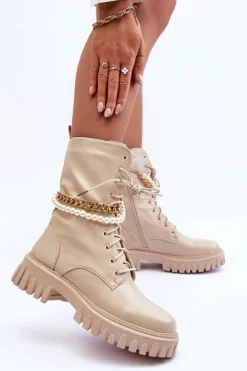 Boto Botki Wiosenne|Botki Sznurowane*Skórzane Wysokie Workery Z Łańcuszkiem Beżowe Nameer