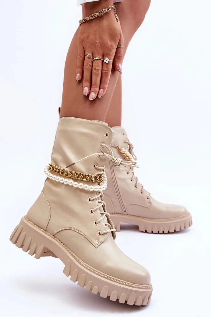 Boto Botki Wiosenne|Botki Sznurowane*Skórzane Wysokie Workery Z Łańcuszkiem Beżowe Nameer