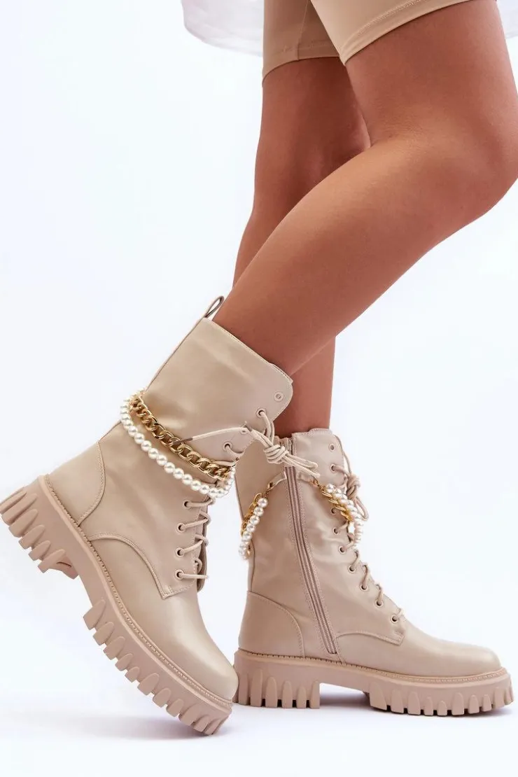 Boto Botki Wiosenne|Botki Sznurowane*Skórzane Wysokie Workery Z Łańcuszkiem Beżowe Nameer