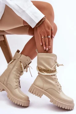 Boto Botki Wiosenne|Botki Sznurowane*Skórzane Wysokie Workery Z Łańcuszkiem Beżowe Nameer