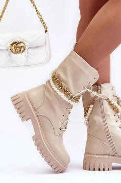 Boto Botki Wiosenne|Botki Sznurowane*Skórzane Wysokie Workery Z Łańcuszkiem Beżowe Nameer
