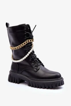 Outlet Boto Skórzane Wysokie Workery Z Łańcuszkiem Czarne Nameer