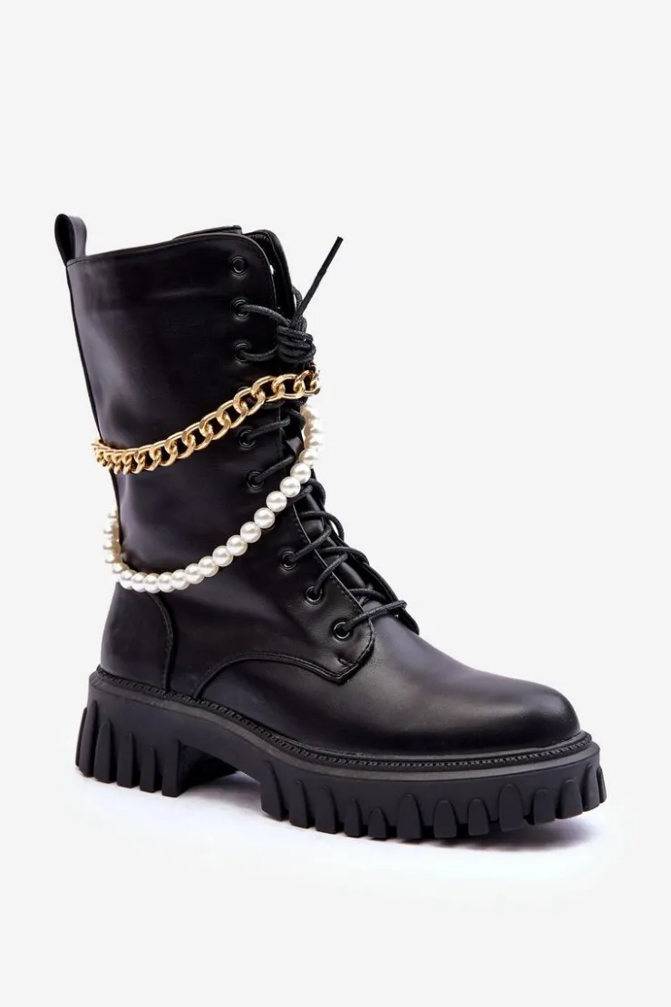 Outlet Boto Skórzane Wysokie Workery Z Łańcuszkiem Czarne Nameer