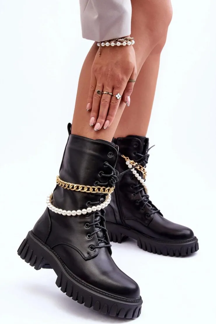 Outlet Boto Skórzane Wysokie Workery Z Łańcuszkiem Czarne Nameer