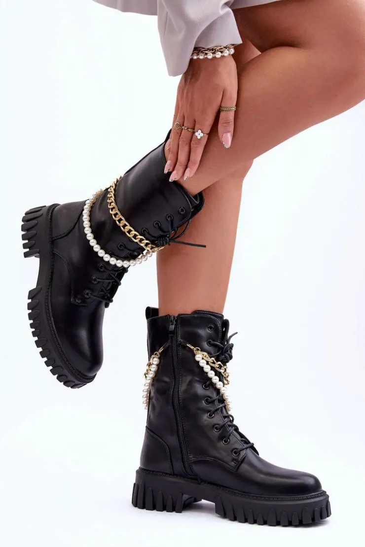 Outlet Boto Skórzane Wysokie Workery Z Łańcuszkiem Czarne Nameer