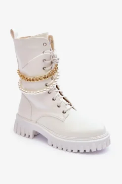 Damskie Boto Skórzane Wysokie Workery Z Łańcuszkiem Białe Nameer